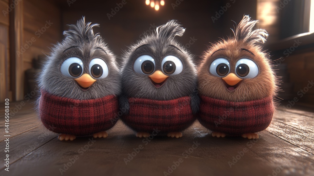 Poster whimsical trio of fluffy bird characters with big expressive eyes and knit details enchanting avian 