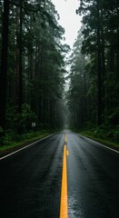 Fototapeta premium Driving on Forest Road During Rainy Day with Tall Trees