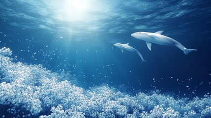 Fototapeta premium Beneath the surface where sunbeams dance above a coral reef graceful humpback whale swims in the ocean depths in a symphony of aquatic life