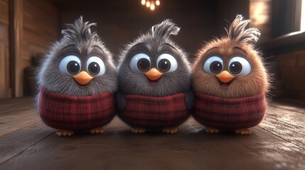 Whimsical trio of fluffy bird characters with big expressive eyes and knit details enchanting avian group in a cozy setting displaying artistic depth