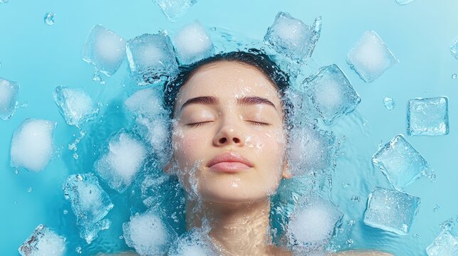 A young woman with closed eyes lies serenely in a refreshing pool of water filled with ice cubes, her face partially submerged in tranquility and calmness.