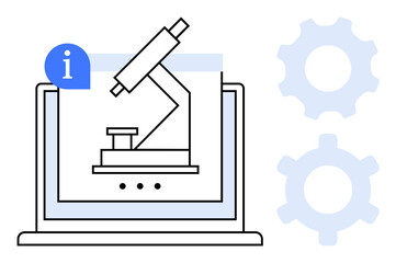 Microscope on laptop screen with info icon and two gears representing research, learning, innovation, and optimization. Ideal for science, education, technology, support, diagnostics analysis flat