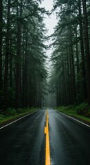 Obraz premium Driving Through a Misty Forest Road Lined with Tall Evergreen Trees