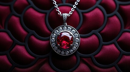 Luxurious Ruby and Diamond Pendant Necklace on Red Velvet