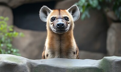 Obraz premium Curious Hyena Peeking Over Rock Formation in Natural Habitat
