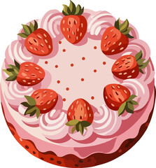 A delicious illustration of a round strawberry cake with pink frosting swirls and fresh strawberry halves arranged on top. Sweet dessert design.