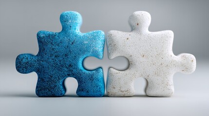 Fototapeta premium 3D Render of Blue and White Puzzle Pieces Connecting on a Clean White Background – Symbol of Unity, Problem Solving, and Teamwork