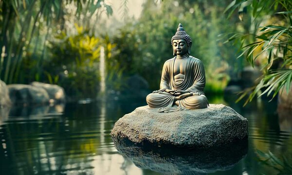buddha statue on a rock in a blurred green bamboo jungle with smooth water surface