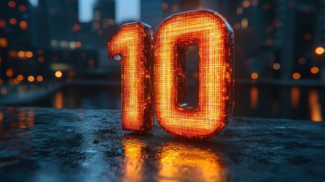 Digitally illuminated number ten, glowing orange, urban backdrop