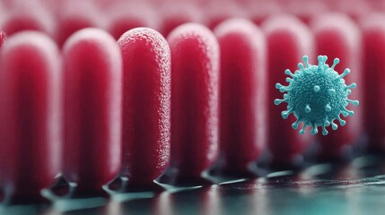 Coronavirus Particle Approaching a Row of Capsules Medical Research Concept