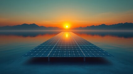 Solar Energy Panel on Calm Water at Sunset