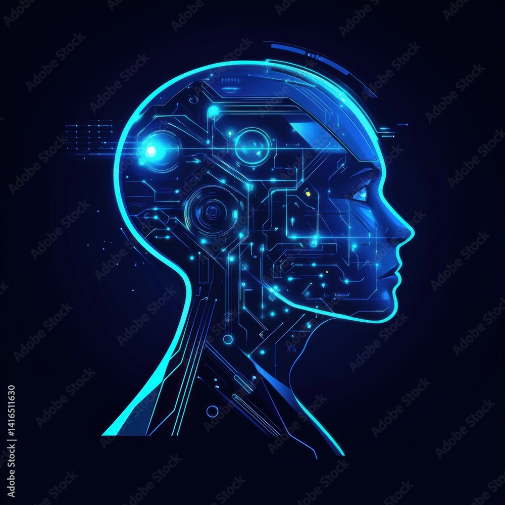 Poster futuristic ai profile: glowing cybernetic humanoid head with intricate circuitry and data streams on
