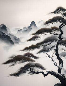 【真作】掛軸　朝靄の湖畔図　静けさ漂う山水風景画　静寂の情景　T31 ColBase