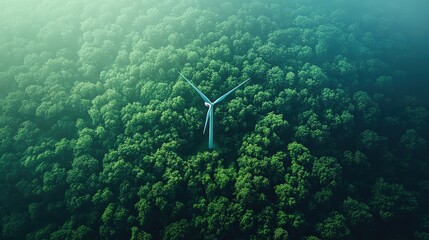 Aerial View of Wind Turbine in Lush Green Forest - Sustainable Energy and Environmental Conservation