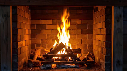 Cozy rustic fireplace with burning logs inside brick hearth – warm indoor winter scene, hygge vibes, relaxation and holiday background for Christmas or interior design content

