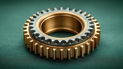 Precision-Engineered Gold and Silver Gear on Green Fabric Background