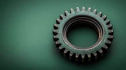 Rusted Metal Gear on Green Background Industrial Cogwheel Close-up