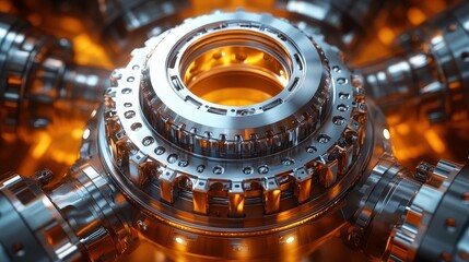 Complex Futuristic Metal Gear Mechanism with Orange Glow