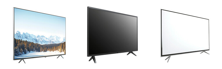 Set of modern flat-screen LED TVs shown in angled stylish views isolated on a white or transparent background.