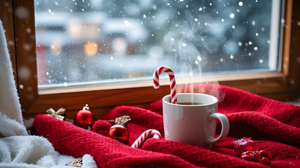 Steaming mug with candy cane on red blanket by snowy window – cozy Christmas morning scene with holiday decor and hot drink, winter flatlay concept with festive atmosphere

