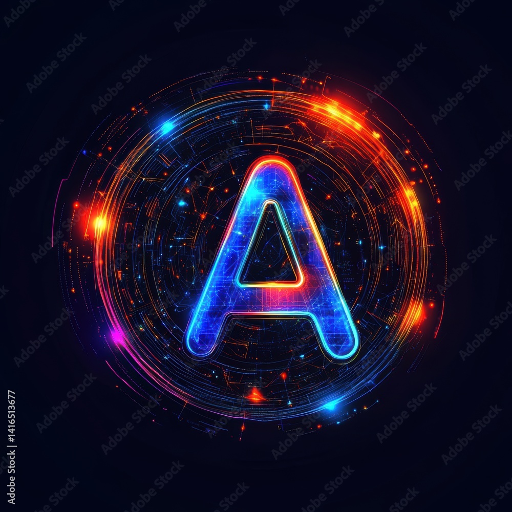 Poster futuristic letter a with glowing circuitry and abstract data flow
