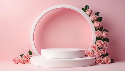 Blank podium with pink roses on pink pastel background. Showcase for product, perfume, jewelry and cosmetic presentation