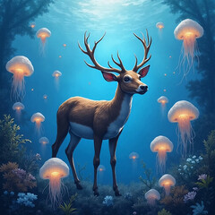 Aquatic Deer surrounded by translucent jellyfish and glowing sea flora, surreal ocean scene, dreamy watercolor and soft digital painting