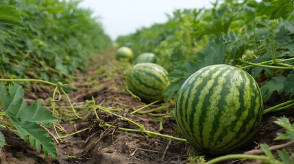Watermelons growing in a lush field, showcasing vibrant greenery and agricultural practices
