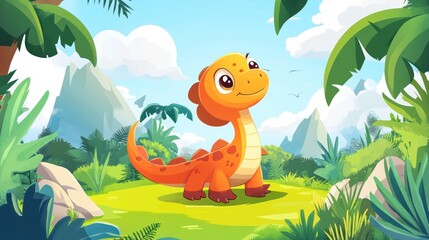 Naklejka premium Cute dinosaur in a lush jungle (151)