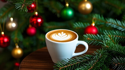 Hot cappuccino with latte art in white cup on wooden table, Christmas tree with colorful baubles and lights in background, cozy holiday coffee shop atmosphere, winter festive decoration

