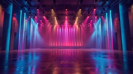 A stage illuminated by colorful spotlights casting vibrant beams across an empty concert stage.