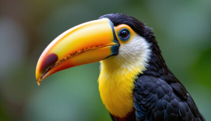 Obraz premium vibrant toucan with striking yellow and orange beak stands against blurred green background
