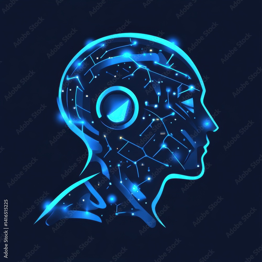 Poster futuristic ai head with glowing circuitry and artificial intelligence design on a dark background