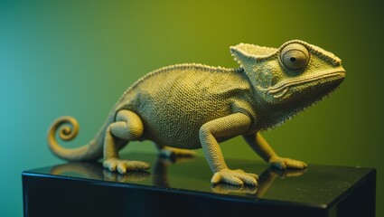 Obraz premium Curious chameleon sculpture crawling forward in green smoky lighting