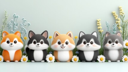 Fototapeta premium Adorable plush fox characters arranged amid serene floral sprigs creating an atmosphere of playful tranquility and whimsical innocence art illustration