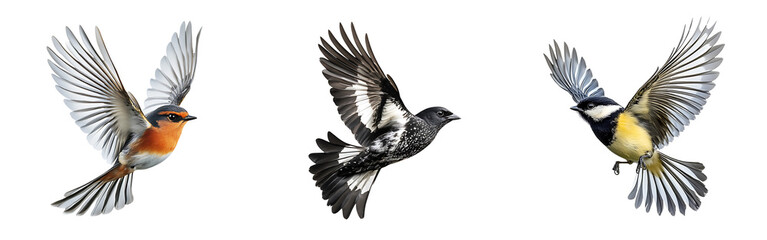 Obraz premium Set of birds soaring gracefully through the air with wings spread isolated on a white or transparent background.