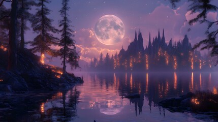 Magical forest lake at night with fires and moon