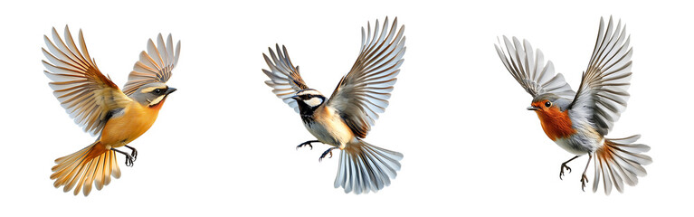 Obraz premium Set of birds gliding through the air with their wings spread isolated on a white or transparent background.