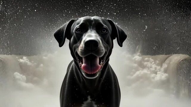 Energetic black dog joyfully jumping in fluffy wool explosion on couch