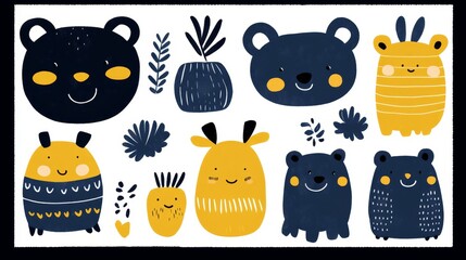 Obraz premium Playful woodland creatures digital illustration for children's decor featuring cute bear and deer characters in whimsical navy and gold tones