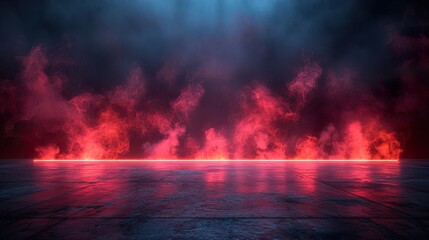 stock photo features a dark, empty room with a concrete floor, illuminated by a neon red light 