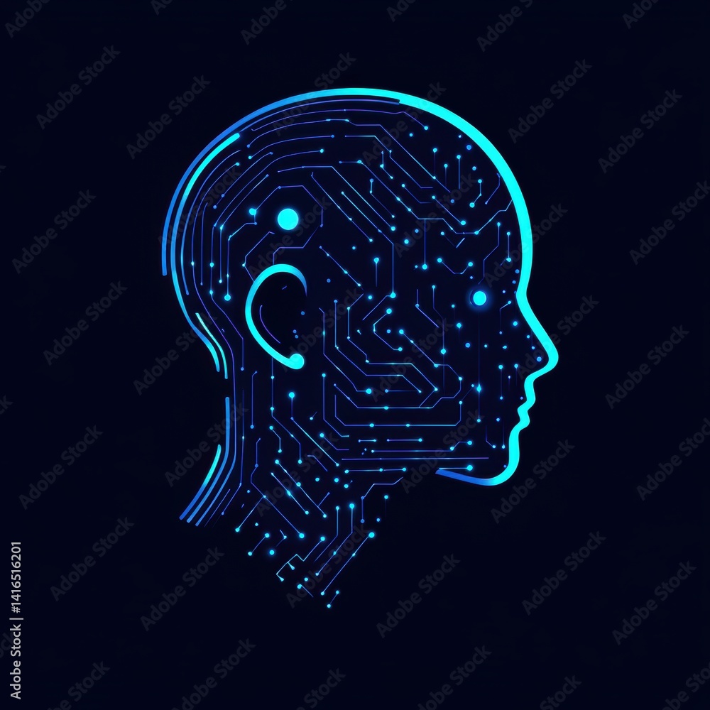 Poster cybernetic head profile with glowing circuitry - digital brain conceptualization