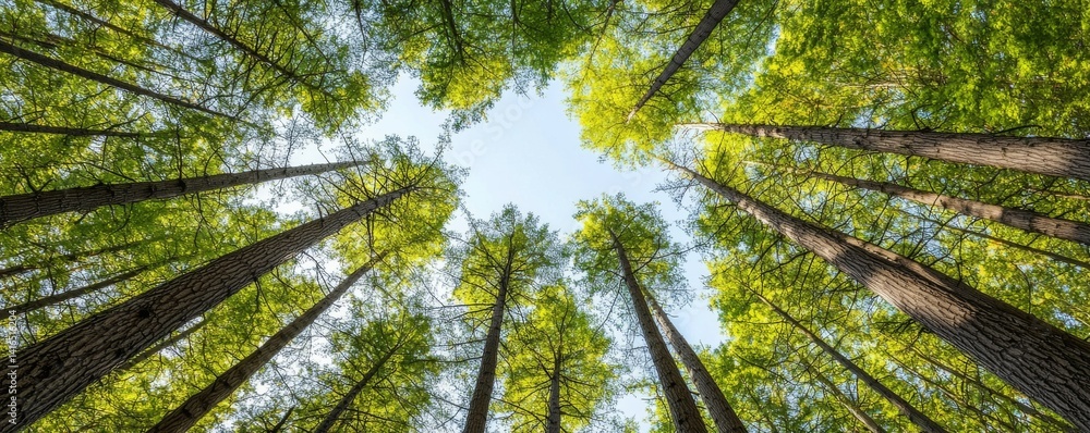 Poster towering trees reaching towards the sky in a lush green forest creating a peaceful and inviting atmo