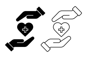Vector isolated Medical Heart in Hand icon set in black outline and fill