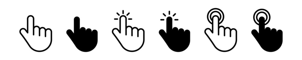 Vector isolated Hand Cursor icon set in black outline and fill