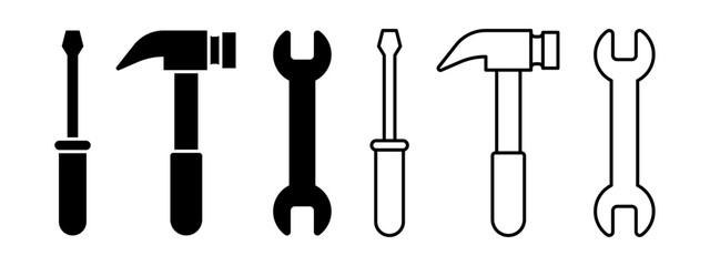 Vector isolated Mechanic Tools icon set in black outline and fill