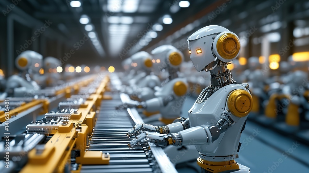 Poster a robotic assembly line working seamlessly with human operators.