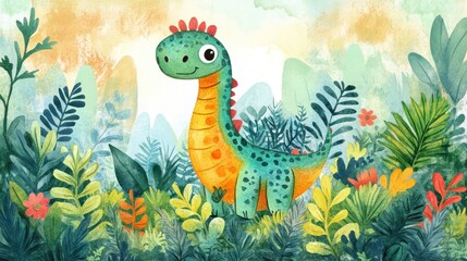 Naklejka premium Cute dinosaur in a lush jungle (206)