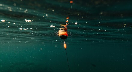Submerged Orange Black Fishing Float with Bubbles in Dark Murky Water