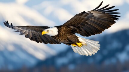 Obraz premium Majestic bald eagle gliding through the air with outstretched wings and intense focus in the bright sky